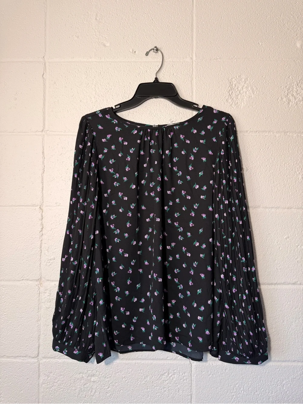 J. Crew Black Floral Pleated-Sleeve Blouse